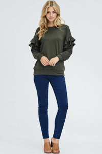 Ruffle Sleeve Knit Sweater - Army Green