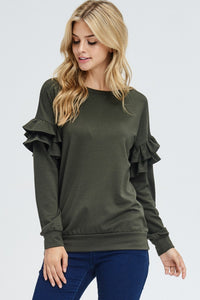 Ruffle Sleeve Knit Sweater - Army Green