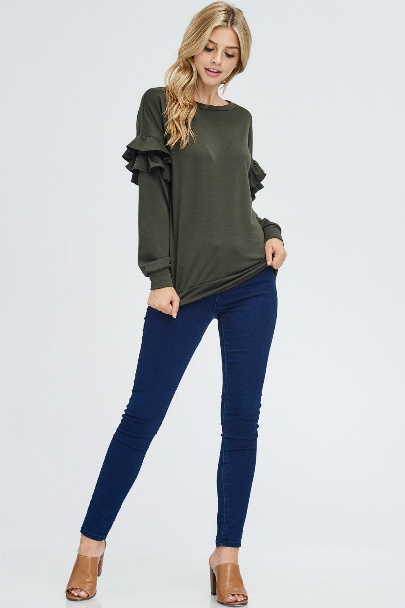 Ruffle Sleeve Knit Sweater - Army Green