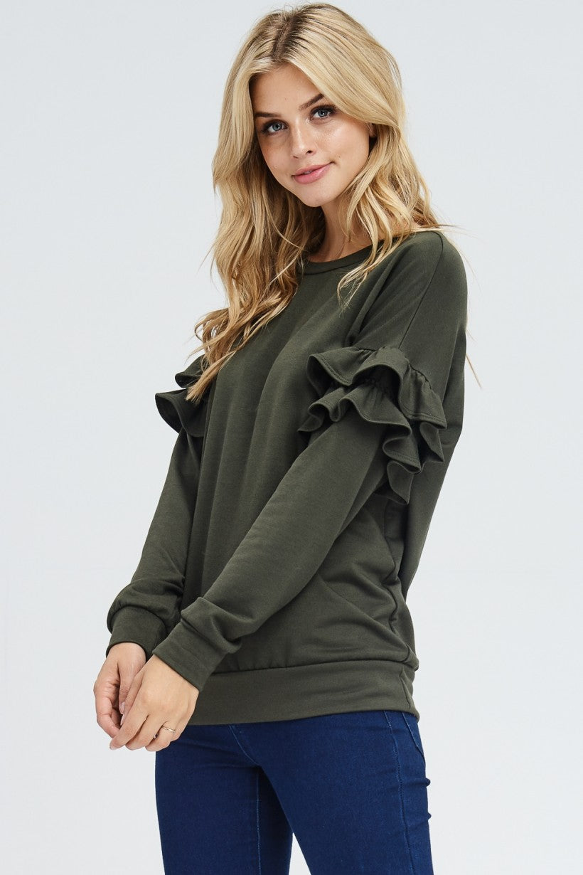 Ruffle Sleeve Knit Sweater - Army Green