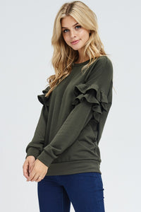 Ruffle Sleeve Knit Sweater - Army Green