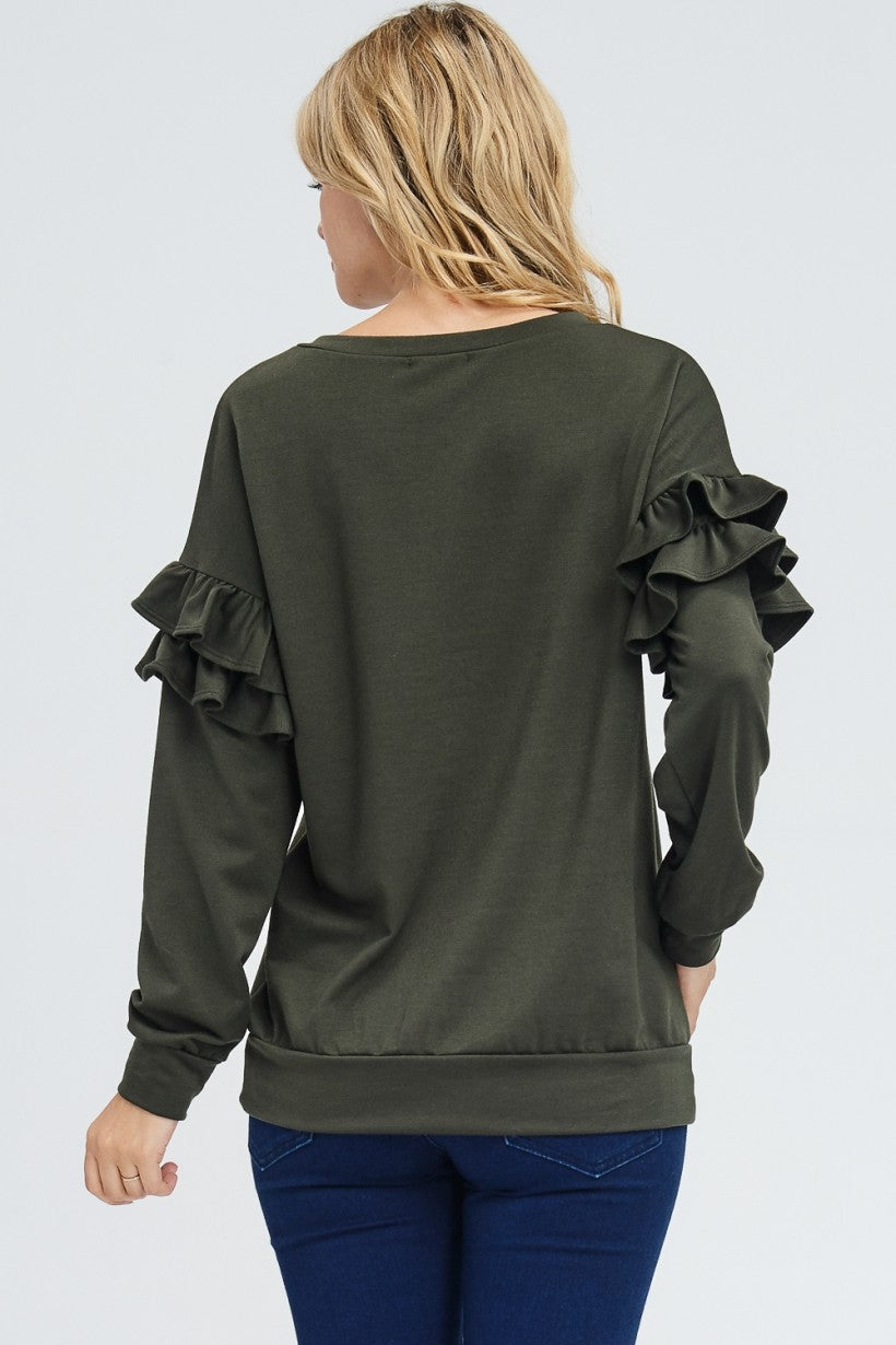 Ruffle Sleeve Knit Sweater - Army Green