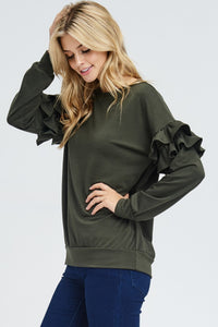 Ruffle Sleeve Knit Sweater - Army Green