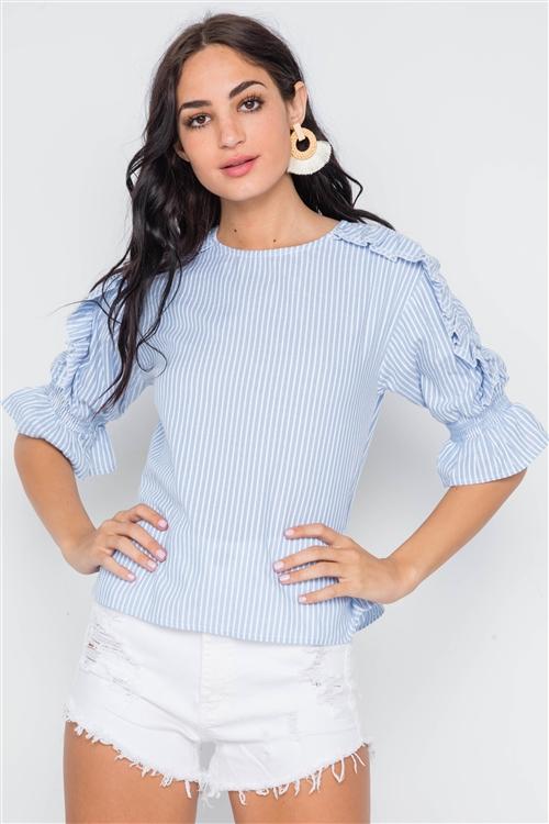 3/4 Ruffle Sleeve Top - Blue Stripe