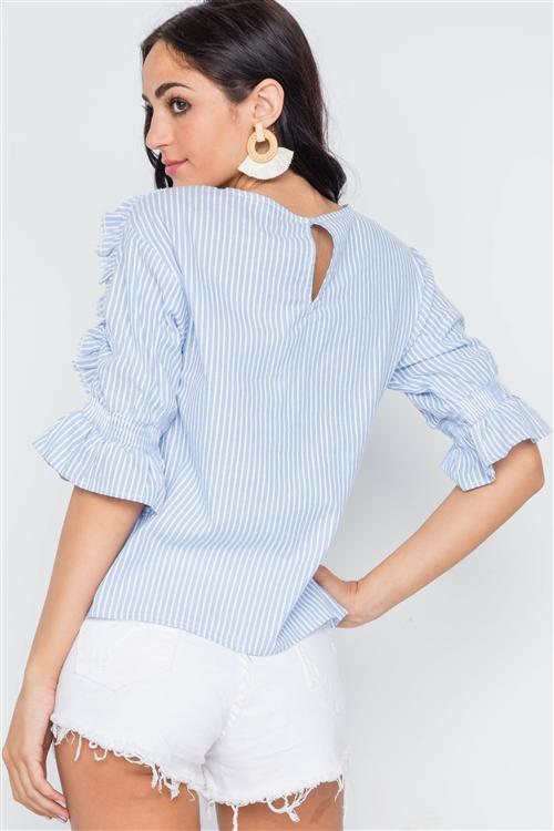 3/4 Ruffle Sleeve Top - Blue Stripe