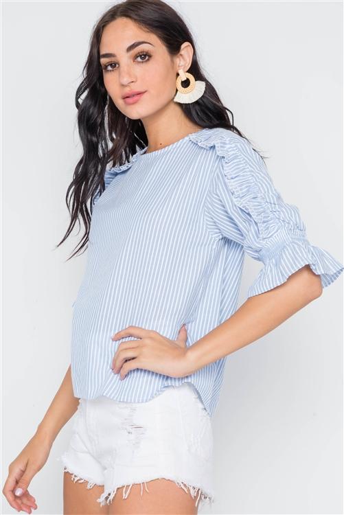 3/4 Ruffle Sleeve Top - Blue Stripe