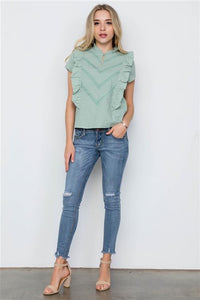 Short Sleeve Boho Ruffle Top - Sage Green