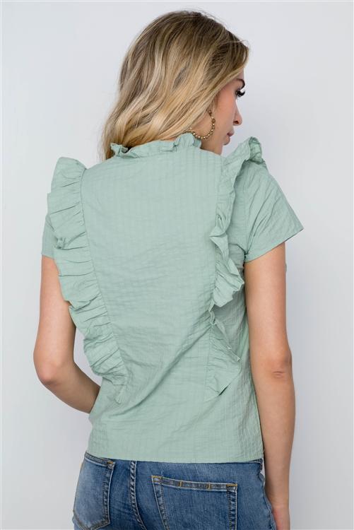 Short Sleeve Boho Ruffle Top - Sage Green