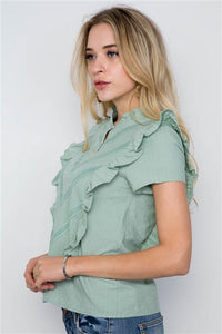 Short Sleeve Boho Ruffle Top - Sage Green