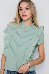 Short Sleeve Boho Ruffle Top - Sage Green