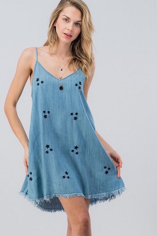 Star Embroidered Demin Dress - Blue