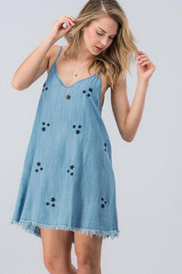 Star Embroidered Demin Dress - Blue