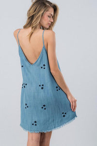 Star Embroidered Demin Dress - Blue